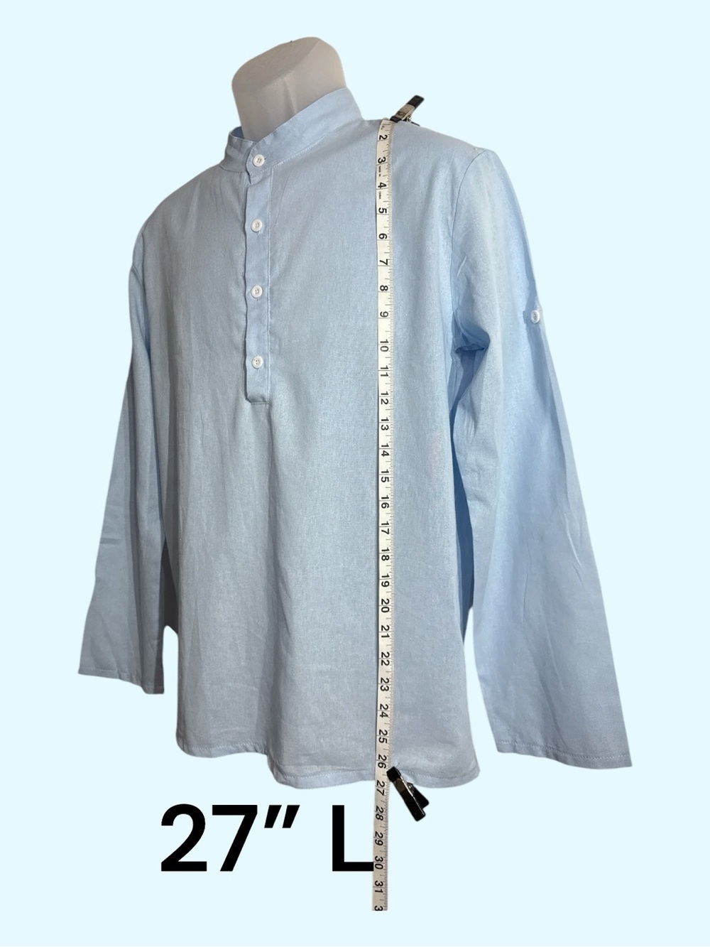 Band Collar Cotton Linen Blend Long Adjustable Sleeve Light Blue Size Small - Picture 4 of 11